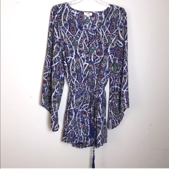 Umgee Paisley Blue Tassel Bell Sleeve Romper - Picture 2 of 8